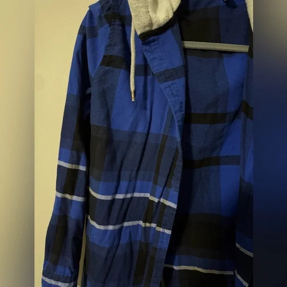 Womens UK2LA Blue Hooded Plaid Shirt - Picture 3 of 5